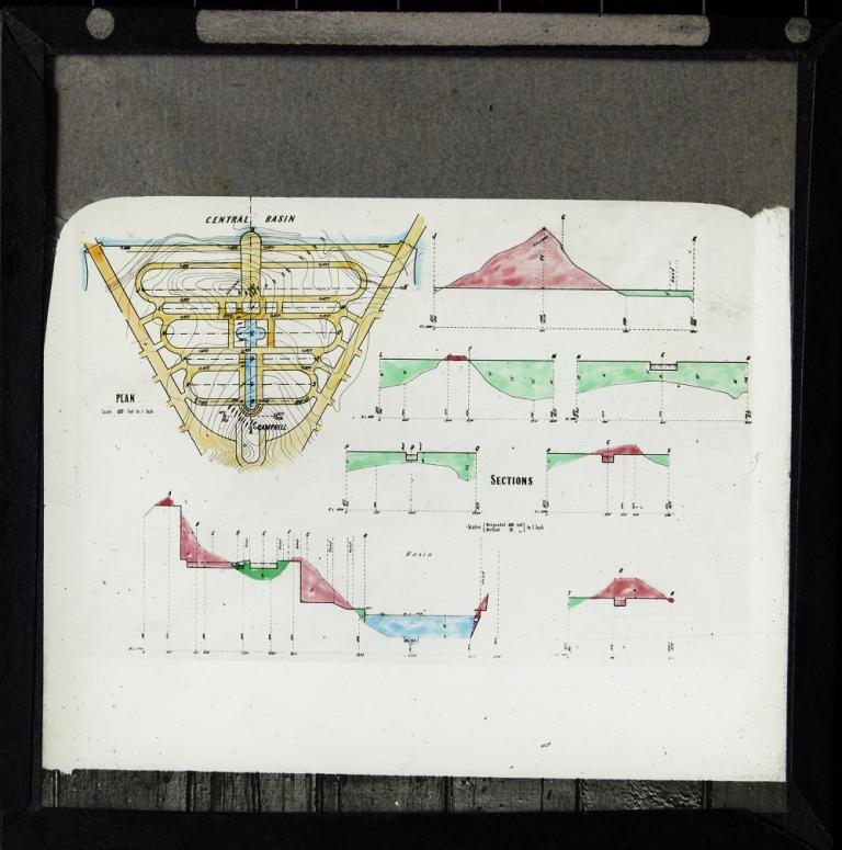 Glass slide showing a plan and seven section drawings for the area now known as the Parliamentary Triangle, which is situated between the Central Basin and Camp Hill. 