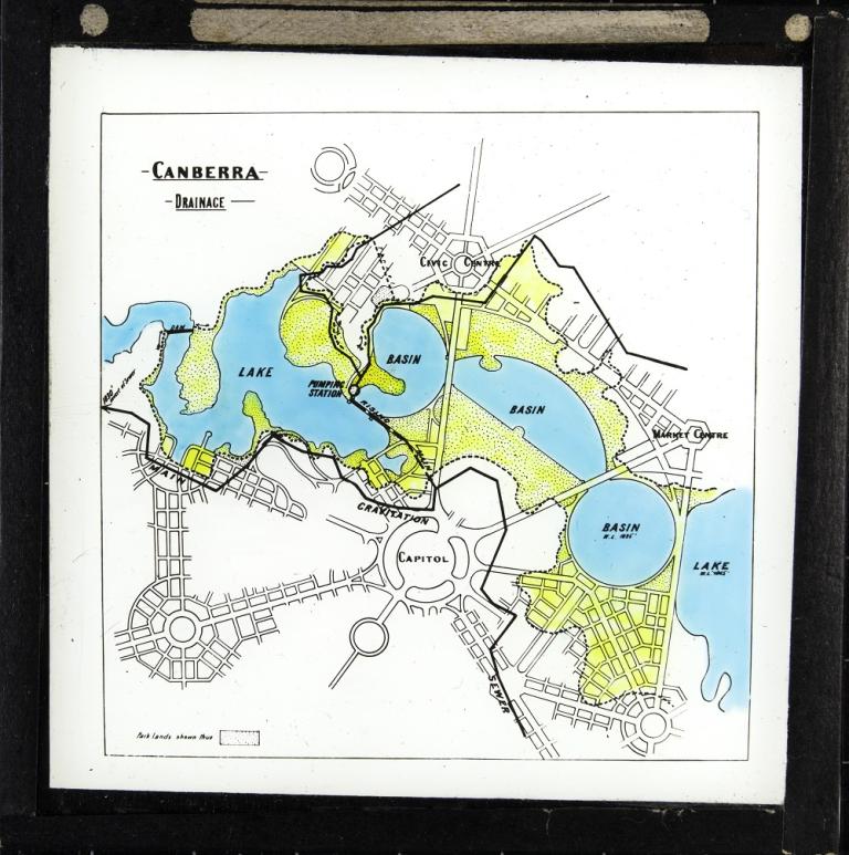 Glass slide believed to show Griffiths, Coulter and Caswell's design for drainage and sewerage as per their submission to the Federal Capital design competition. 
