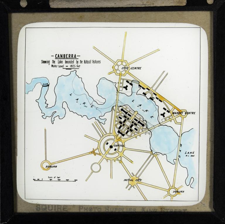 Glass slide showing a plan of what the lake would look like if it were built following the natural contours of the land.
