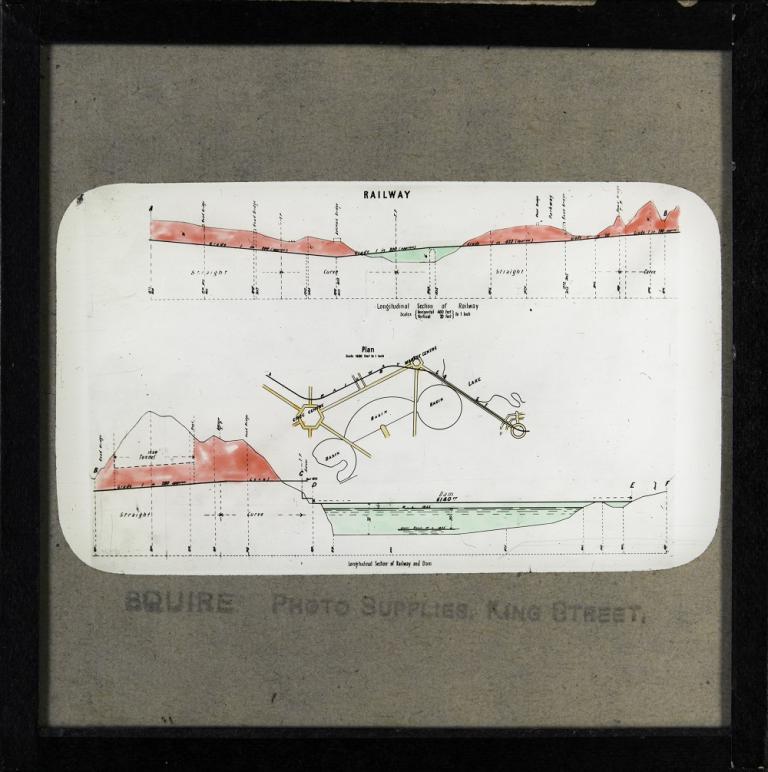 Glass slide showing a plan and two longitudinal section drawings for Walter Burley Griffin's design for the proposed railway, as shown on his Preliminary Plan.