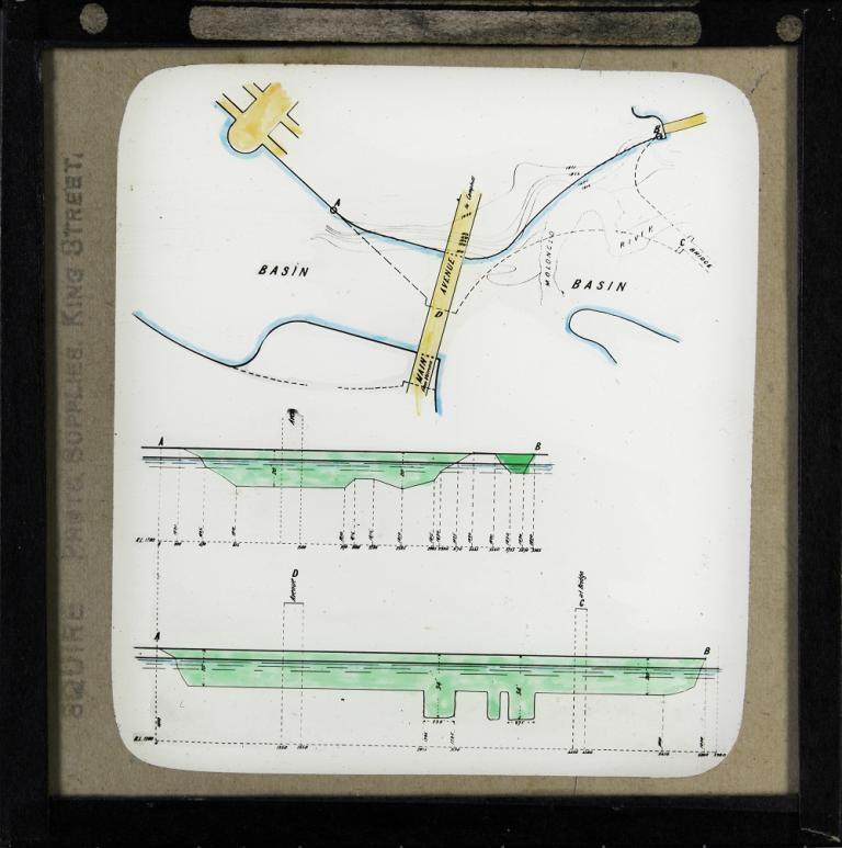 Glass slide showing a plan and two section drawings of the main avenue bridge crossing over the Central and Western Basins and the depth of lake under the bridge. 
