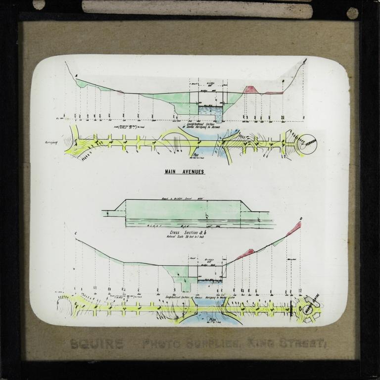 Glass slide showing two plans, two longitudinal sections and a cross section of the main avenues, now known as Commonwealth Avenue and Kings Avenue.