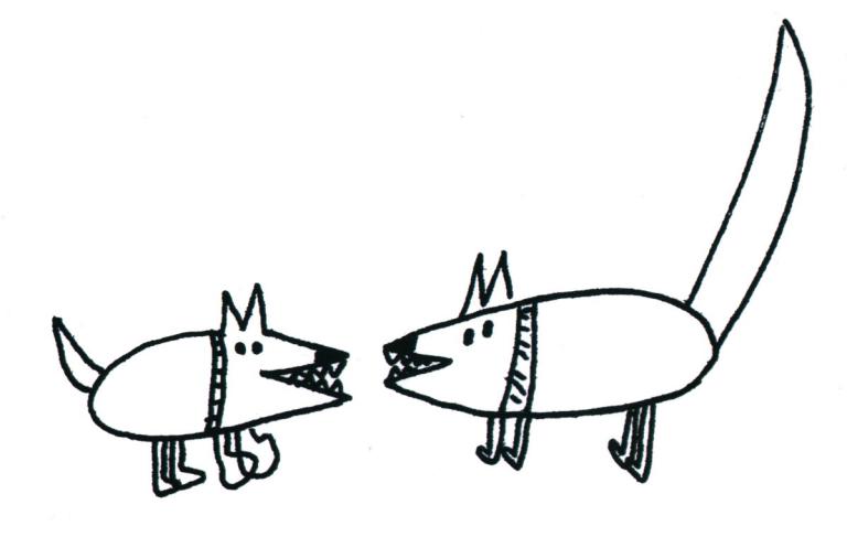 Black line drawing of two dogs facing each other on a white background
