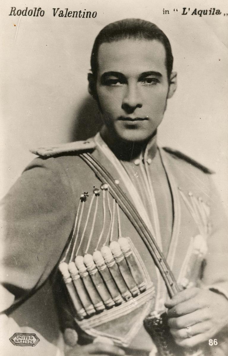 Rudolph Valentino in military uniform in a still from the film The Eagle, 1925.