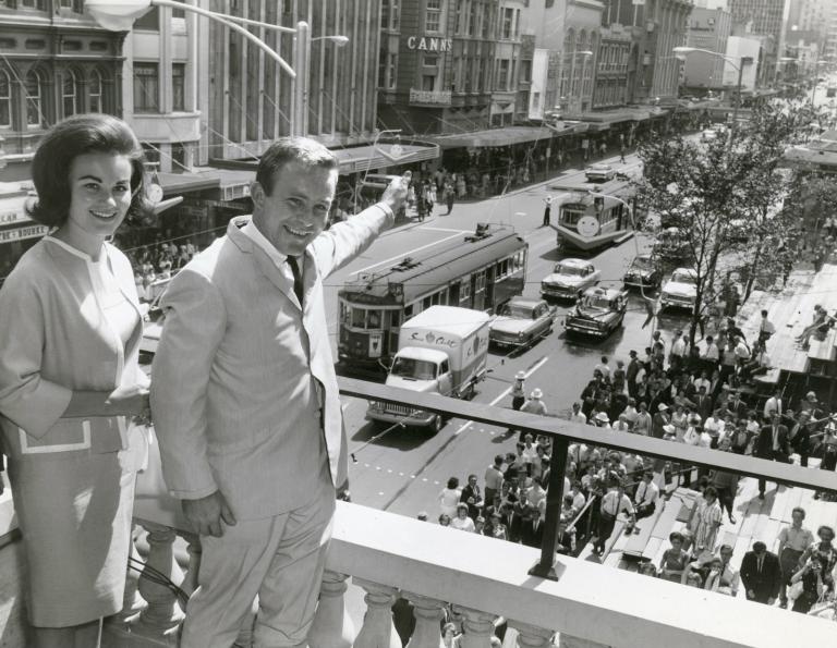 Johnny O'Keefe and first wife Marianne on the balcony of Melbourne Town Hall