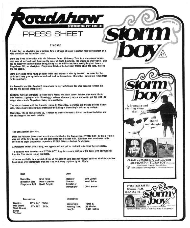 Roadshow distributor's press sheet featuring synopsis, advertisements, cast and information about the book