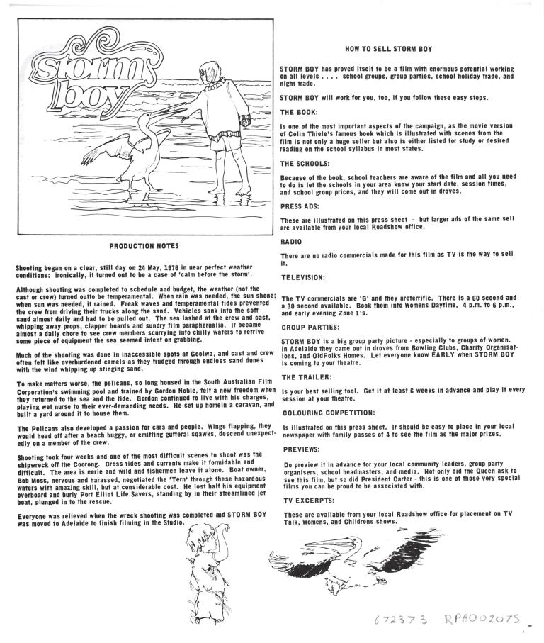 Roadshow distributor's press sheet featuring production notes, how to sell Storm Boy and details of ads to place, preview screening instructions and colouring competition