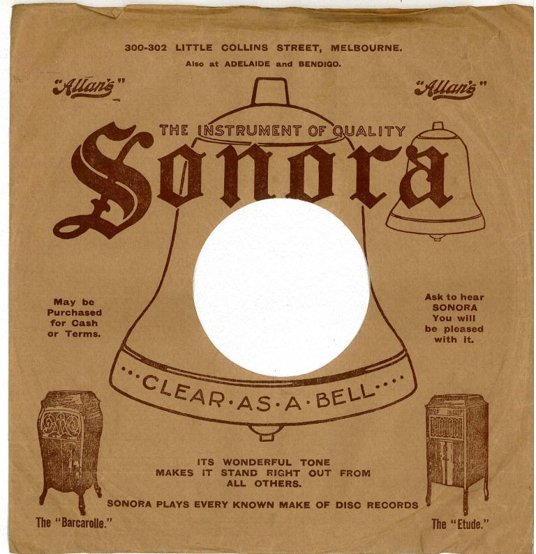 Record sleeve featuring the 'Sonora' bell logo at the centre. Illustrations of two models of record players are included: the 'Barcarolle' and the 'Etude'