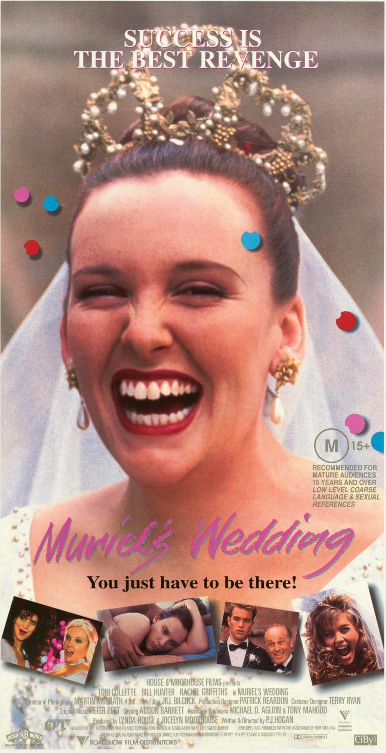 Australian advertising poster for Muriel's Wedding featuring Muriel (Toni Collette) smiling in her wedding dress