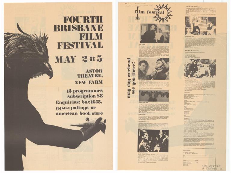 Brisbane Film Festival pages from programme featuring cover page with a figure of a man with the head of a bird, he is holding a small bird in his hand. Page 2 shows pictures and synopses of some of the films showing in the festival.