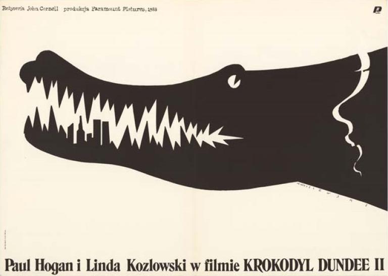 Black and white Polish poster for Crocodile Dundee II featuring the head of a crocodile. Some of the crocodile's teeth are shaped like the New York skyline