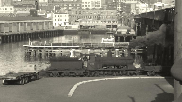 Steam train at Pyrmont Bridge looking towards the city, circa 1960s