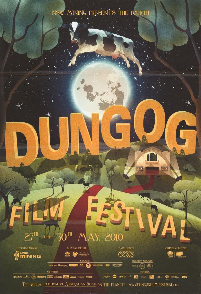 Poster for the 2010 Dungog film festival featuring an illustration of a cow jumping over the moon.