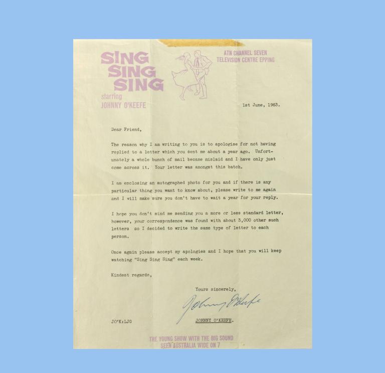 Letter sent by Johnny O’Keefe to 3000 ‘Sing Sing Sing’ club members, apologising for the tardiness of his reply