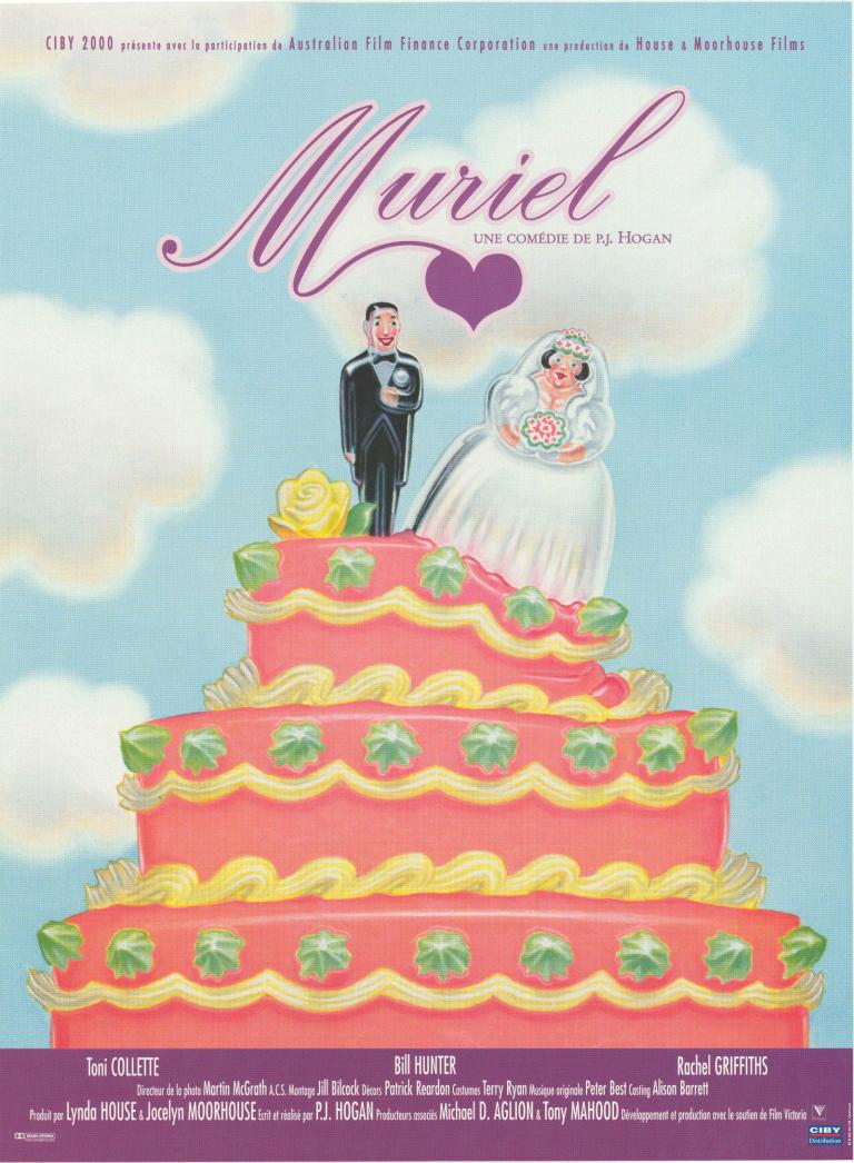 French promotional poster for Muriel's Wedding bride and groom on top of cake with bride sliding off