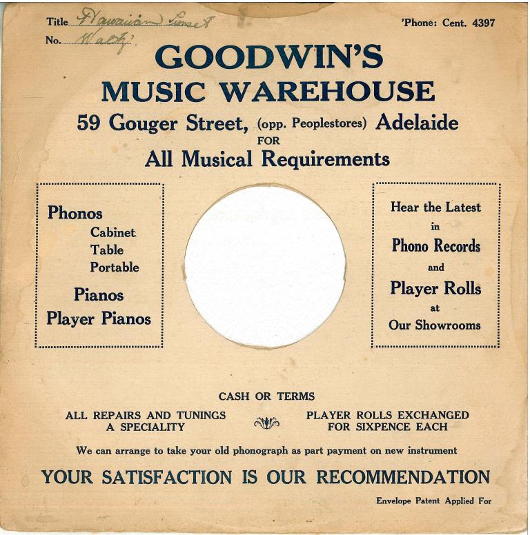 Record sleeve for Goodwin's Music Warehouse, Adelaide. Handwritten notes indicate this once held a disc containing a waltz titled 'Hawaiian Sunset'
