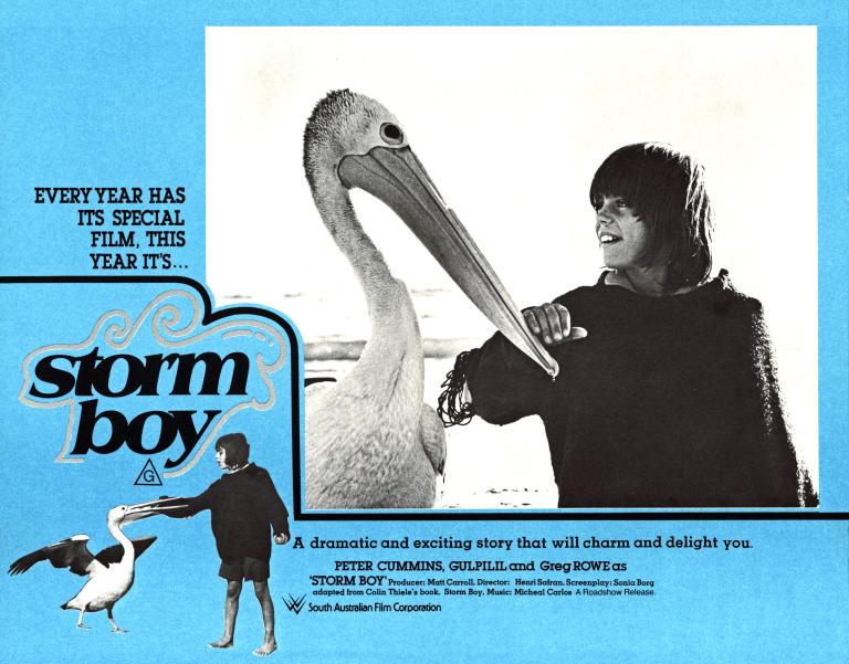 Lobby card featuring a black and white image of Storm Boy (Greg Rowe) tenderly touching Mr Percival the pelican and smiling. There are credits below image and text above title reads: 'every year has its special film, this year it's...' Storm Boy. 