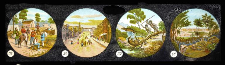 Glass slide showing four colour images of scenes from in and around Melbourne: an Australian gold diggers’ camp, Melbourne city, Indigenous men hunting kangaroo and native flora and fauna in the Melbourne Botanic Gardens.