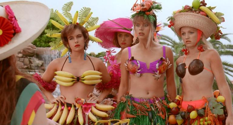 Tania (Sophie Lee) and friends in Hibiscus Island costumes