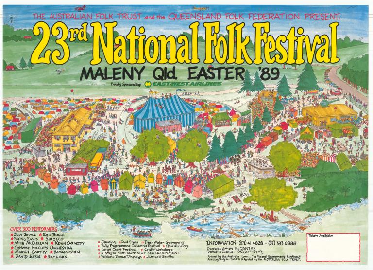 Poster for the 23rd National Folk Festival in Maleny, Queensland, 1989.