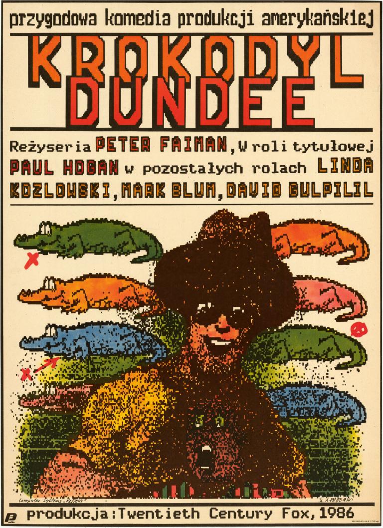 Poster for Polish release of Crocodile Dundee showing a drawing of a smiling Mick Dundee and eight coloured, smiling crocodiles in the background.