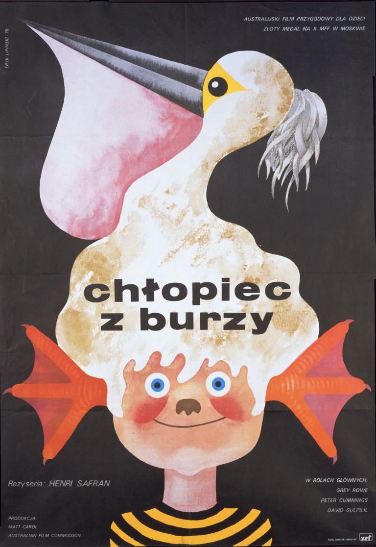 Polish poster for the film 'Storm Boy' shows a drawing of a pelican sitting on top of a young boy's head.