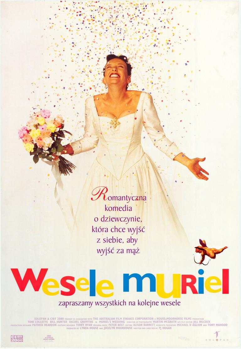 Polish film poster for Muriel's Wedding showing Muriel in her wedding gown, holding a bouquet of flowers with coloured confetti falling over her.