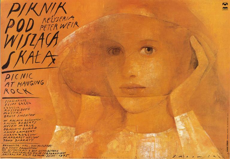 Polish film poster for 'Picnic at Hanging Rock' showing a drawing of Miranda's face