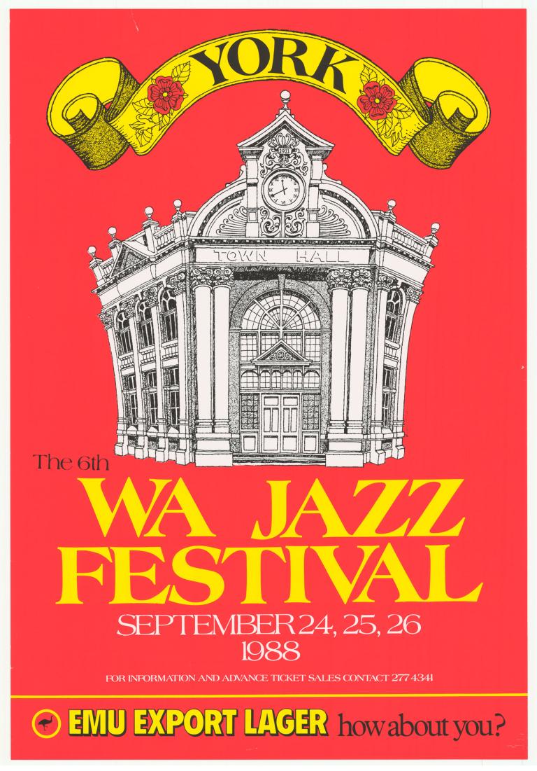 Poster for the 6th annual WA Jazz Festival in 1988 showing a black and white illustration of a Town Hall building against a red background. 