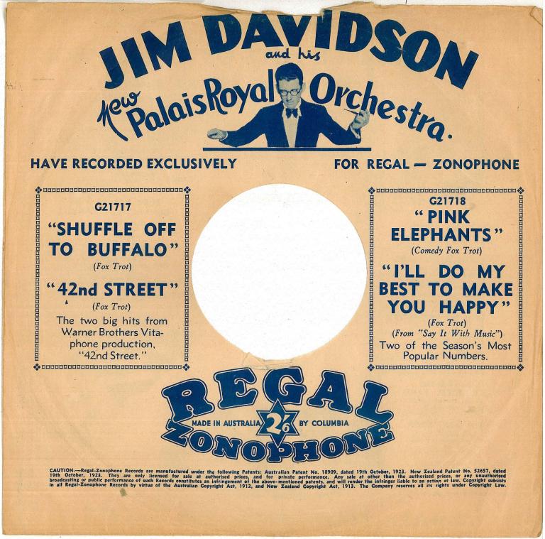 Record sleeve featuring a photo of musical conductor Jim Davidson. Text reads: "Jim Davidson and his new Palais Royal Orchestra" have recorded exclusively for Regal - Zonophone"