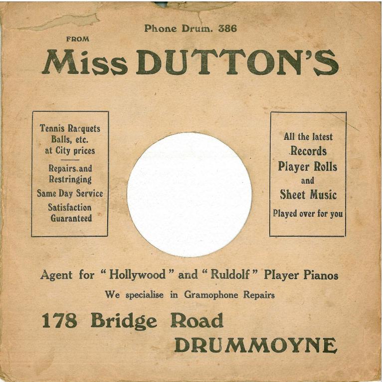 Record sleeve for Miss Dutton's in Drummoyne, Sydney. Text only, no illustrations.