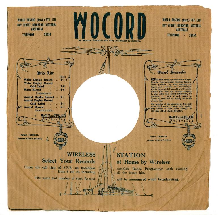 Record sleeve for Wocord (World Records), featuring the broadcasting tower of 3PB wireless.