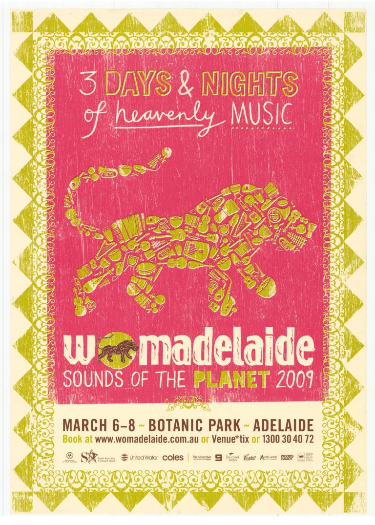 Poster for 2009 Womadelaide music festival showing an illustration of a Lion against a pink background