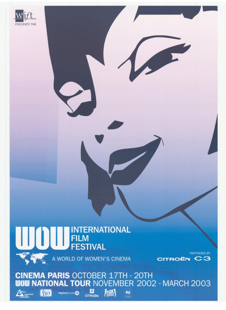Poster for the World of Women (WOW) international film festival. Poster art shows the outline of a young woman's smiling face.