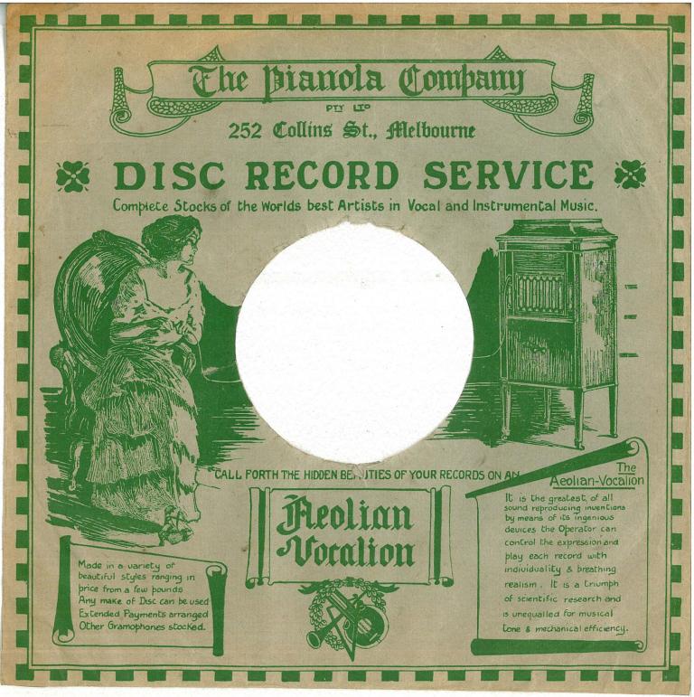 Record sleeve for The Pianola Company, Melbourne. Features an illustration of a young lady, sitting on a chair, listening to the music coming from her Aeolian Vocalion record player. 