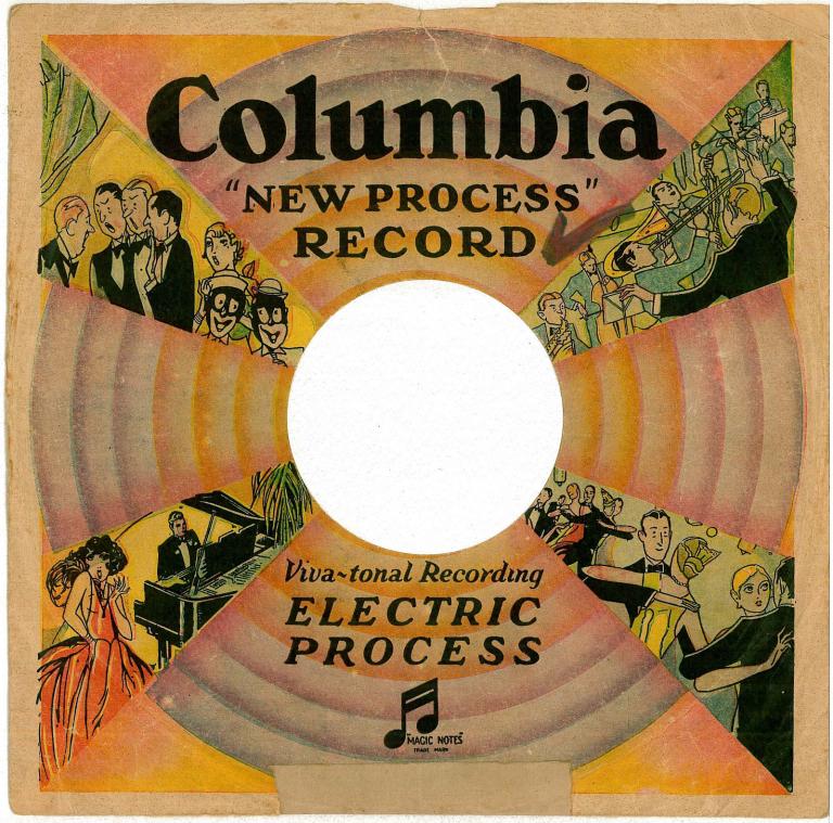 Colourful record sleeves featuring four illustrations, one on each corner. They all depict musical performances, and audiences listening or dancing to music. Text reads: Columbia "New Process" Record