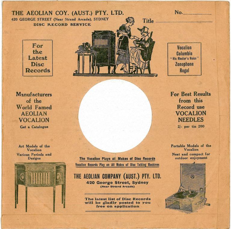 This record sleeve features an illustration of a Vocalion player, with two women looking at a record. One of them stands by the Vocalion, the other is sitting on a chair.