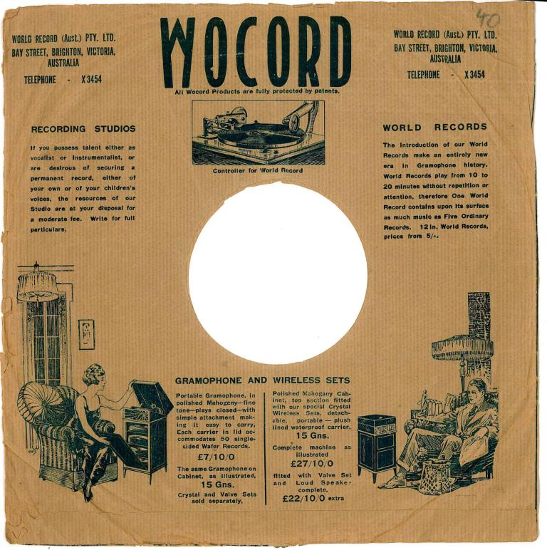 Record sleeve for Wocord (World Record). Features two illustrations, showing a woman and a man. The former is operating her portable gramophone, the latter is holdding a newspaper and enjoying the sounds of his top of the line mahogany player