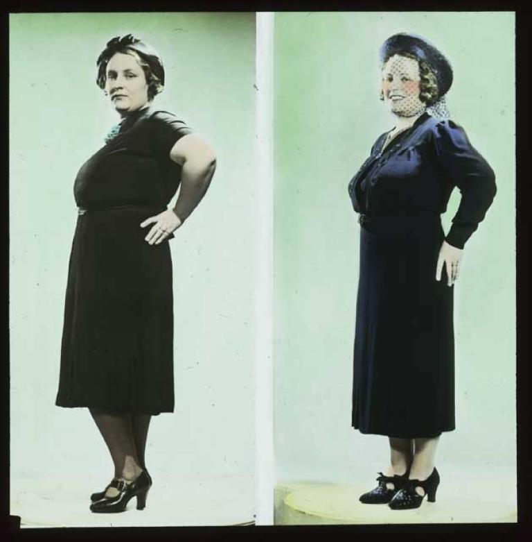 A side-by-side comparison of a woman dressed in two different dresses, shoes and hats. The slide is hand-coloured.