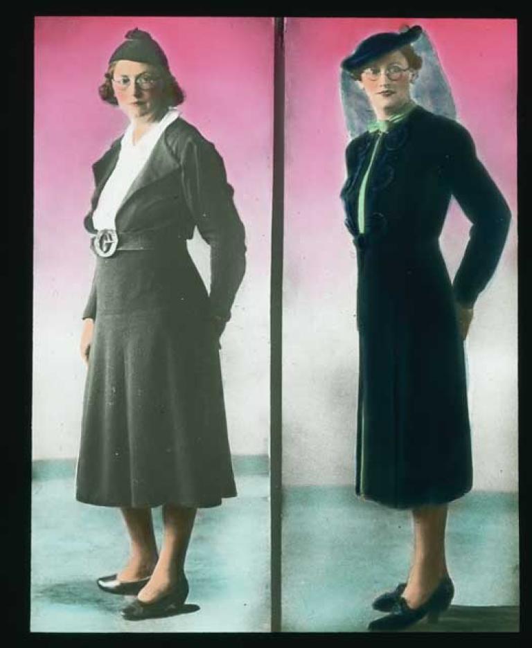 A side-by-side comparison of a woman dressed in two different dresses, shoes and hats. The slide is hand-coloured with a pink background.
