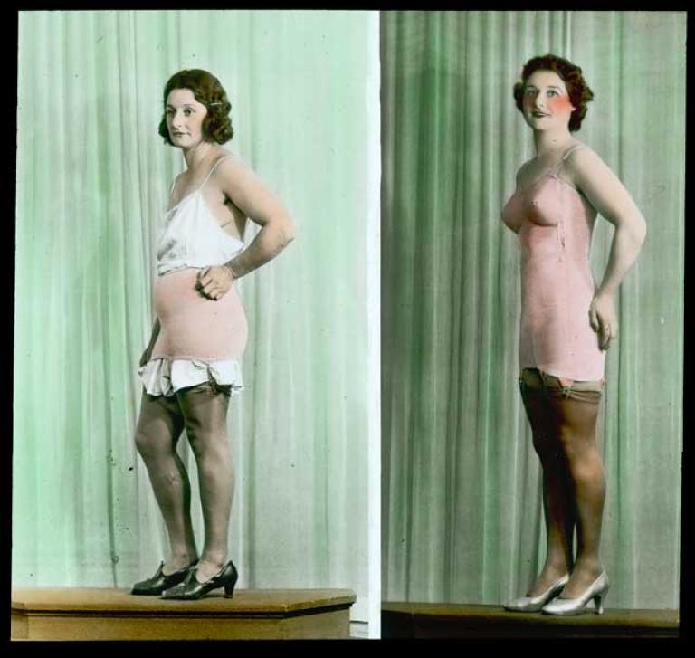 A side-by-side comparison of a woman dressed in two different types of underwear. The slide is hand-coloured with a green background.