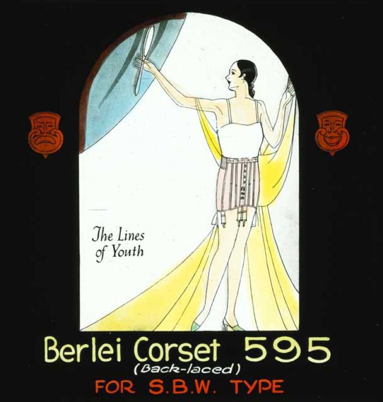 Hand-coloured glass slide image of a woman in a foundation garment. It has art deco imagery including an arched border and line work.