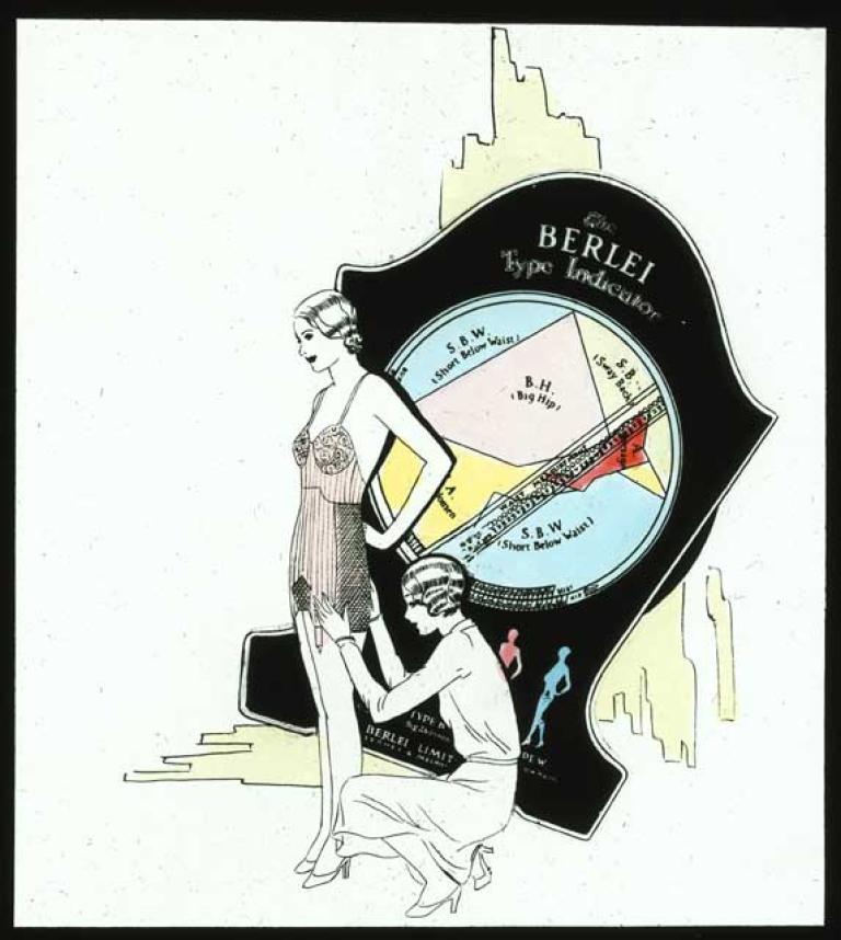 A hand-coloured glass slide image of a woman being fitted for a foundation garment with the image of Berlei type indicator in the background.