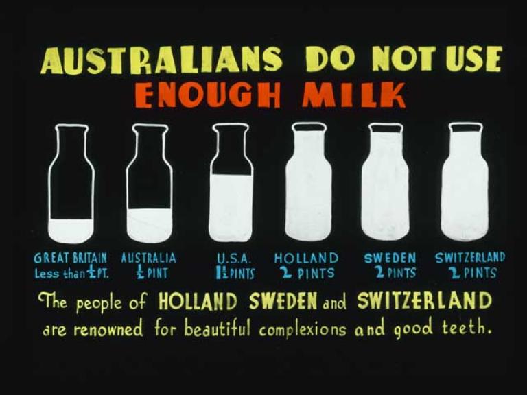 A hand-coloured illustration of milk bottles full to differing levels. The text reads: 'Australians do not use enough milk. The people of Holland, Sweden and Switzerland are renowned for beautiful complexions and good teeth'.
