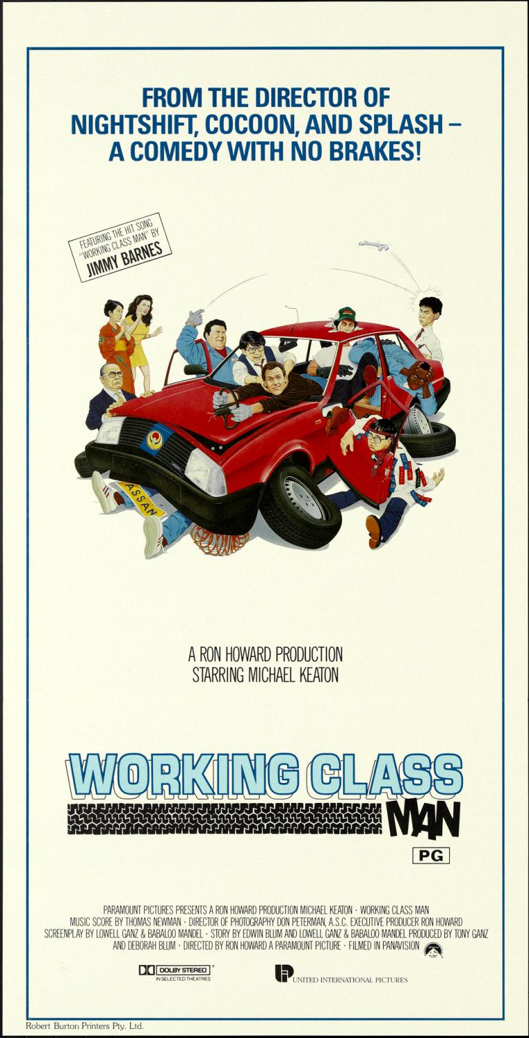 Movie poster for the film 'Working Class Man' with a cartoon drawing of a frazzled looking man driving a red car. There are lots of people around the car gesturing angrily at the man driving. 