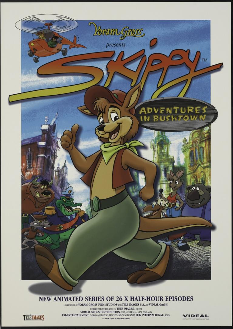 Poster with cartoon image of Skippy and other animals against a cityscape and helicopter.