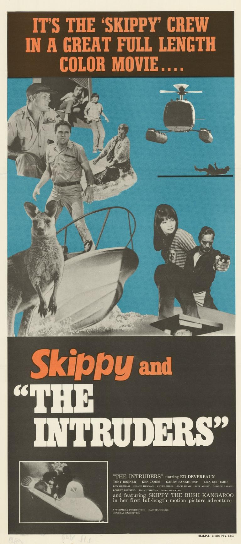 Black and turquoise background, orange writing. Header: "It's the 'Skippy' crew in a great full length color movie..." Several images, including people, a helicopter, a motorboat and Skippy.