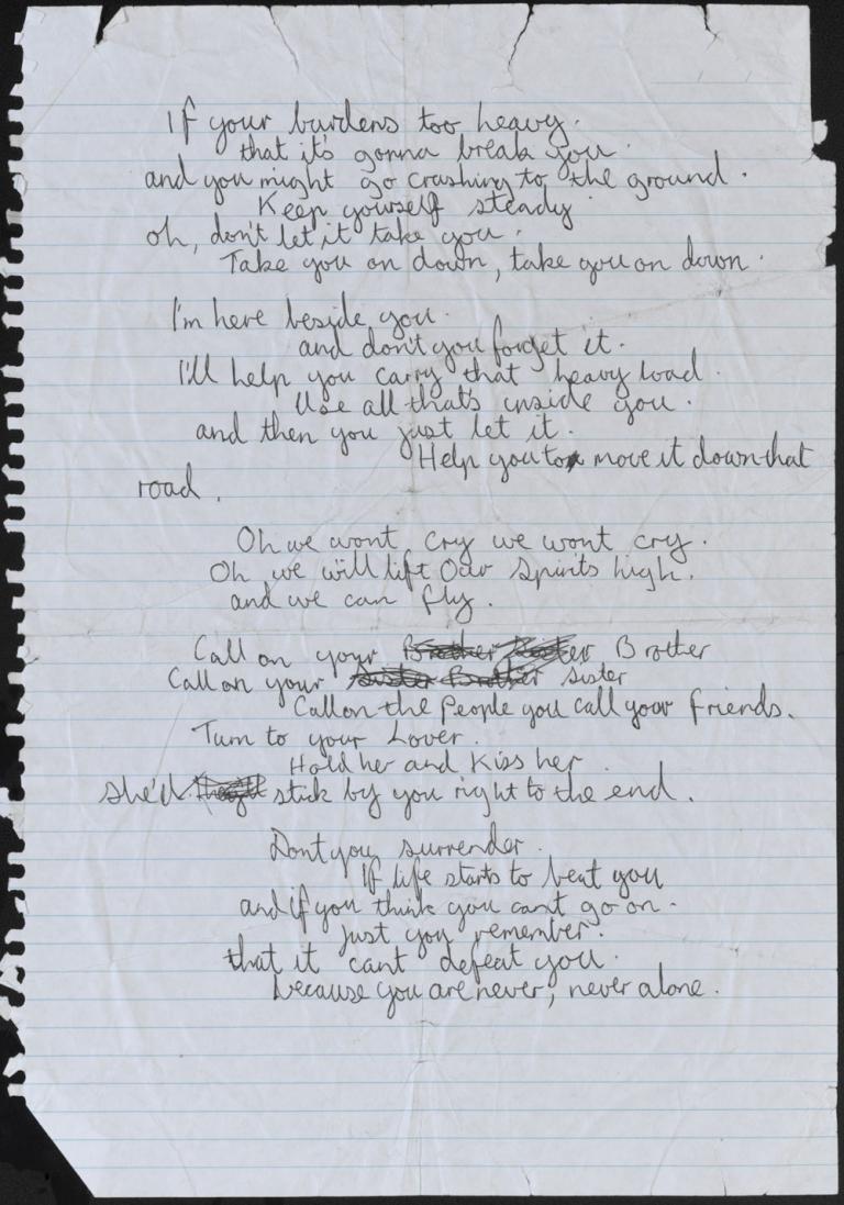 Handwritten lyrics to the Archie Roach song 'We Won't Cry'