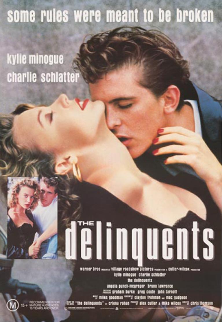 Kylie Minogue and Charlie Schlatter are pictured in this colour poster for the film The Delinquents.