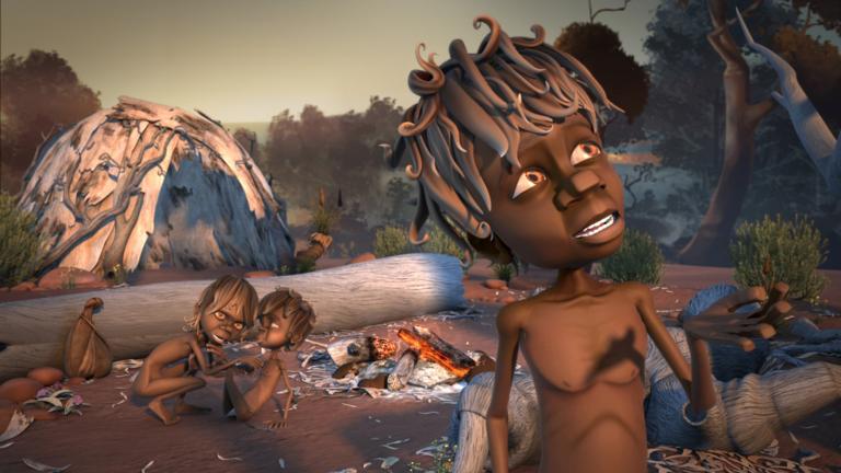 Animation still showing 3 young Aboriginal kids in the outback. One, in the foreground, is looking towards the sky and the other two in the background are crouched beside the embers from an open fire.